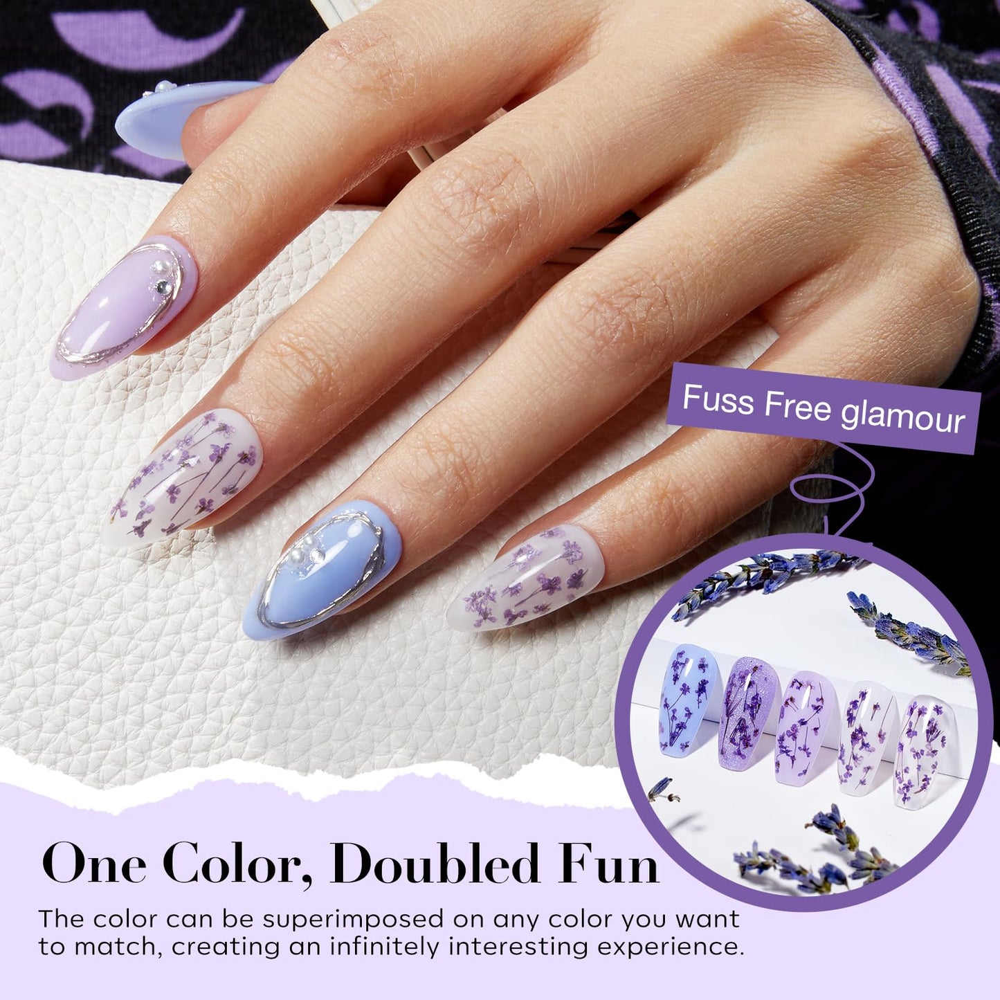AZUREBEAUTY Purple Twilight Bloom Dip Powder Kit – Base, Top Coat, Activator & Dried Flowers for French Nails