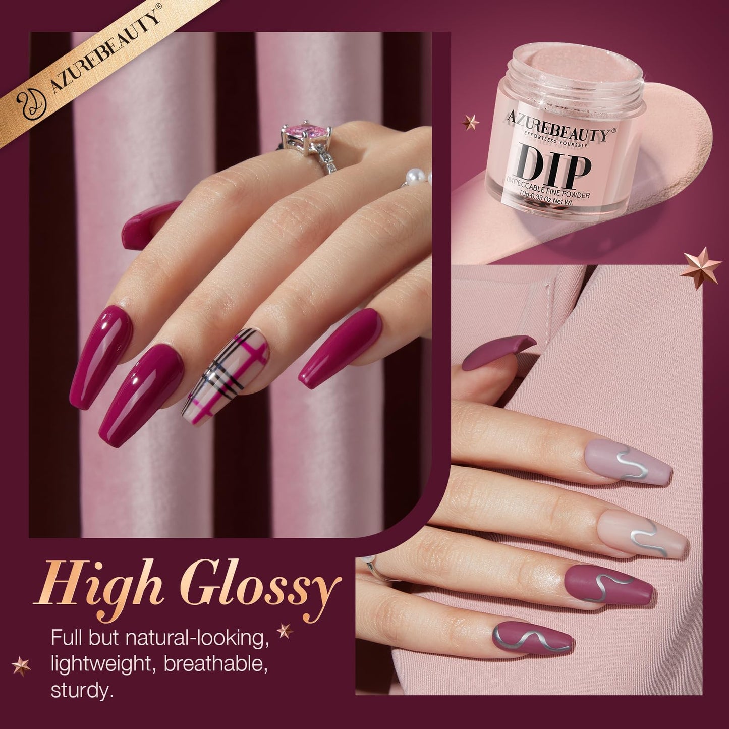 AZUREBEAUTY 4 Colors Dip Nails Powder Kit – Fall/Winter Brown & Purple with Base, Top Coat & Activator