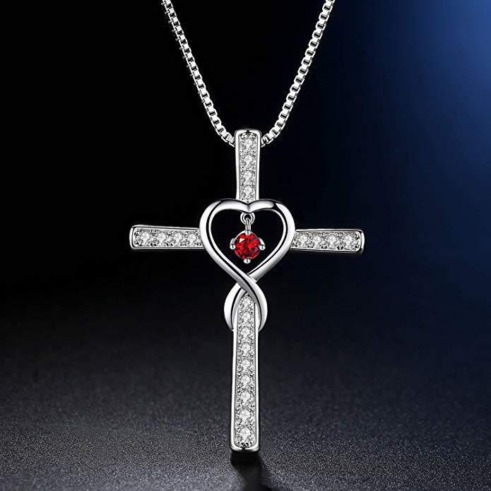 Infinity Love God We Trust Christian Cross Birthstone Crystal Pendant Necklace