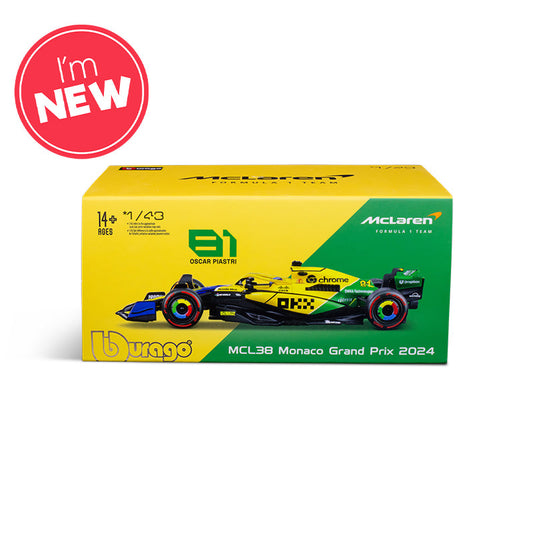 McLaren F1 Team MCL38 Senna Livery #81 F1 Monaco GP 2024 Oscar Piastri - 1:43 Scale Bburago Model Car (w/helmet)