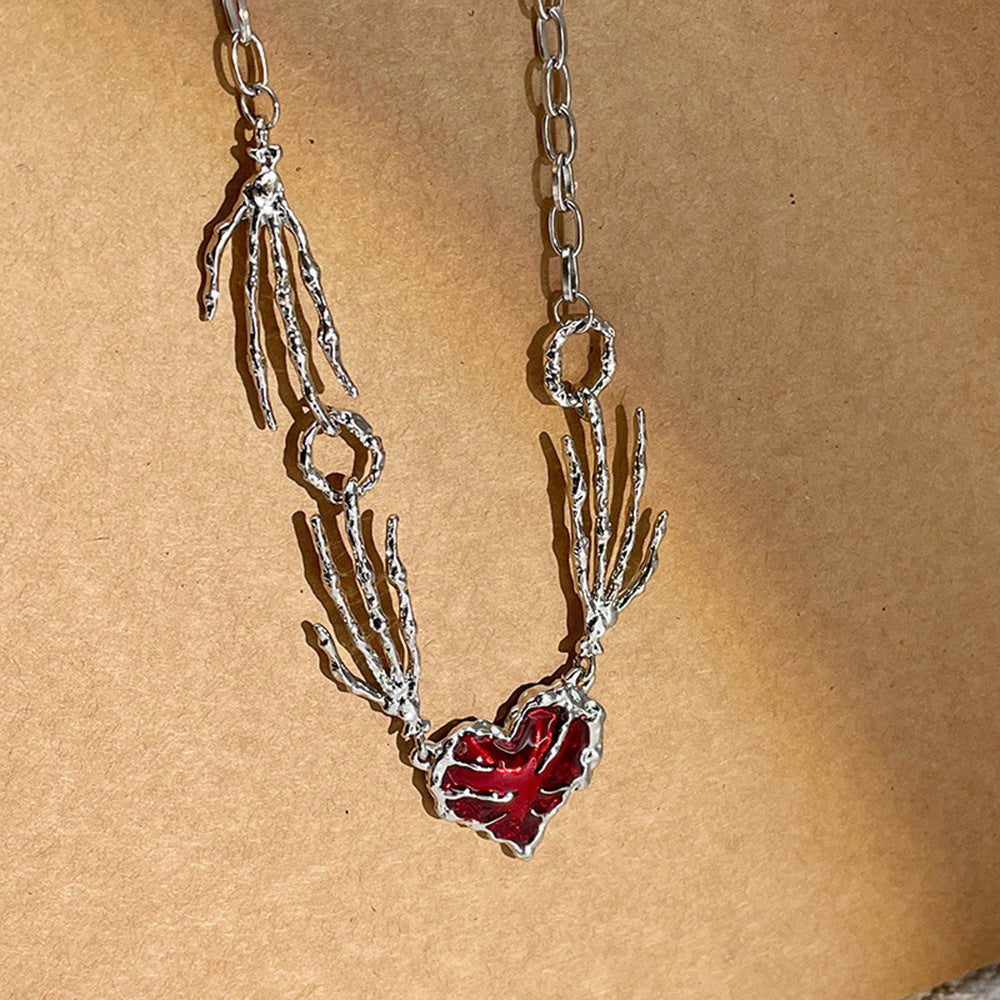 Punk Dark Red Love Heart Pendant Necklace