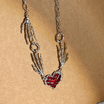 Punk Dark Red Love Heart Pendant Necklace