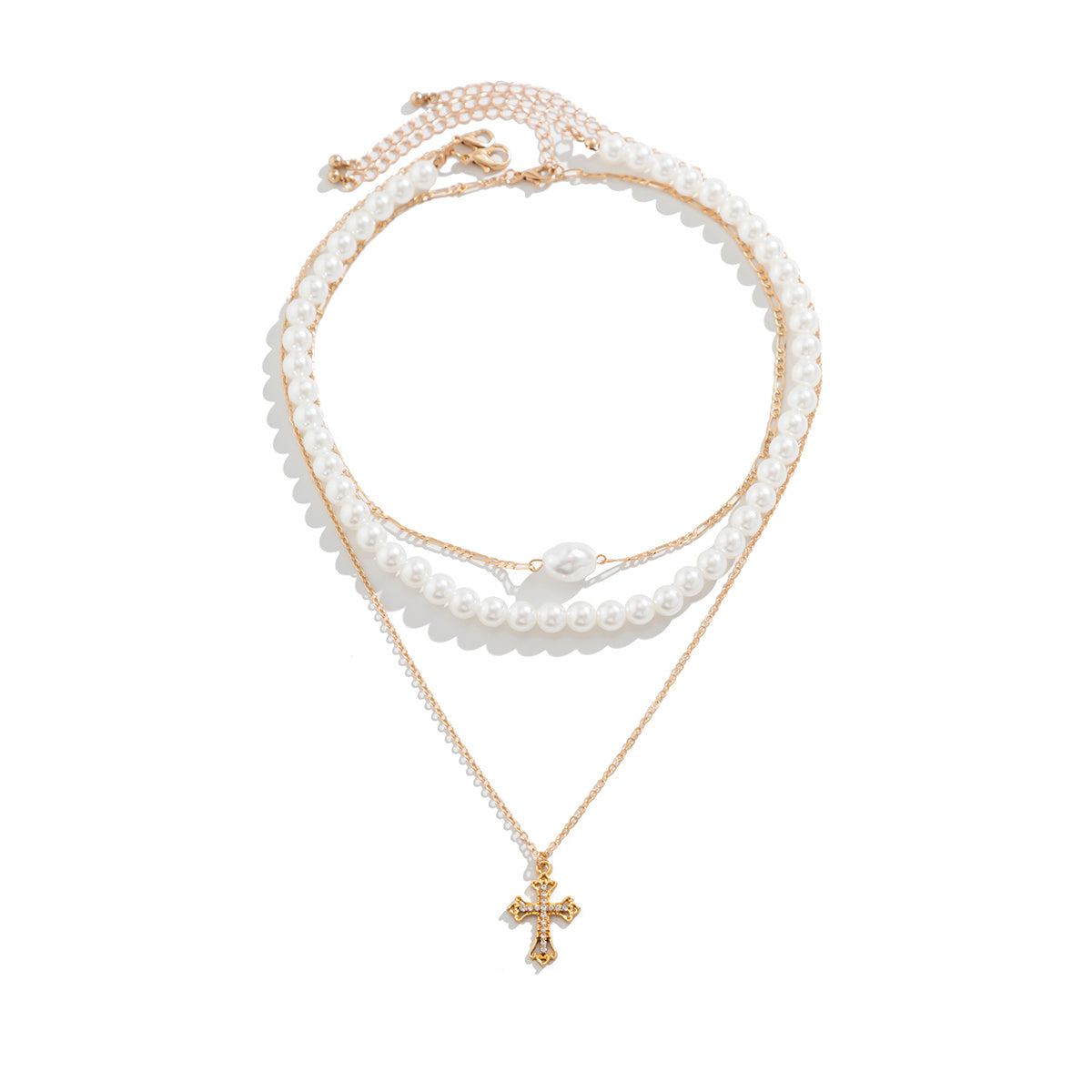 Multi-Layer Starfish Shell Pearl, Cross, Palm Tree Necklaces, 3Pc Set