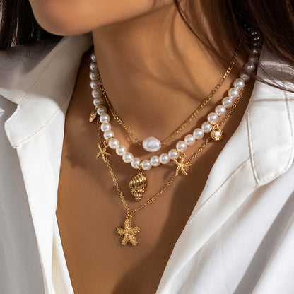 Beaded Beach Pearl Necklace with Resin Star Pendant