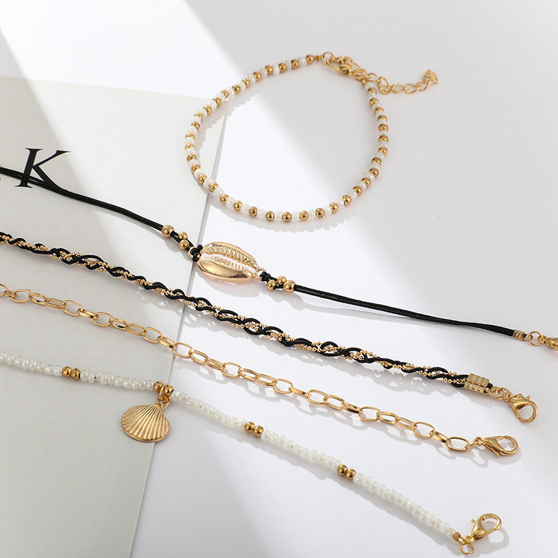 Shell Braided Multi-Layer Anklet Set – 5-Piece