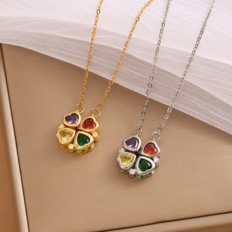 Four-Leaf Coloured Heart Clover Pendant Necklace