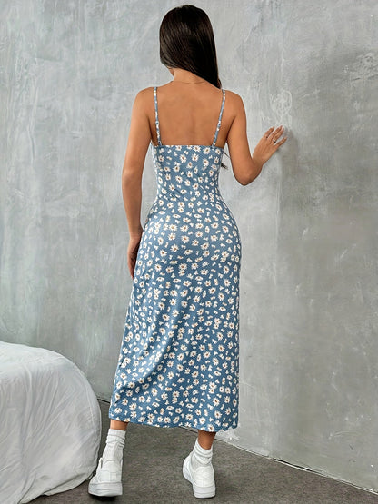 Elegant Floral Print Knit Slingback Collarless Polyester Dress for Women