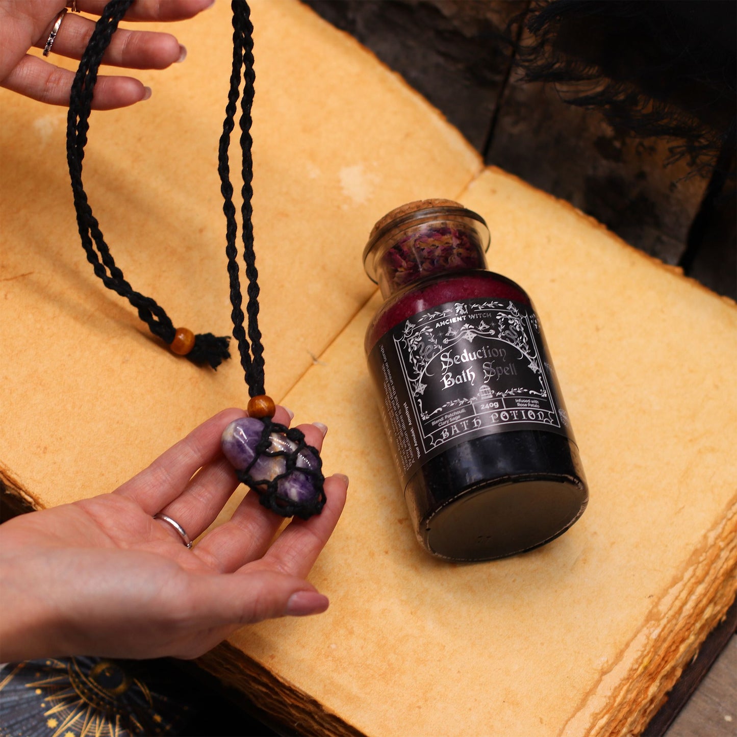 Ancient Witch Bath Spell Potion & Citrine Crystal Amulet - Success