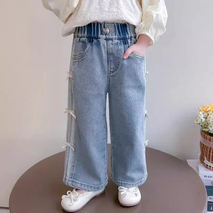Girls Bow Jeans – 2025 Spring Autumn Loose Denim Trousers with Ribbon Detail
