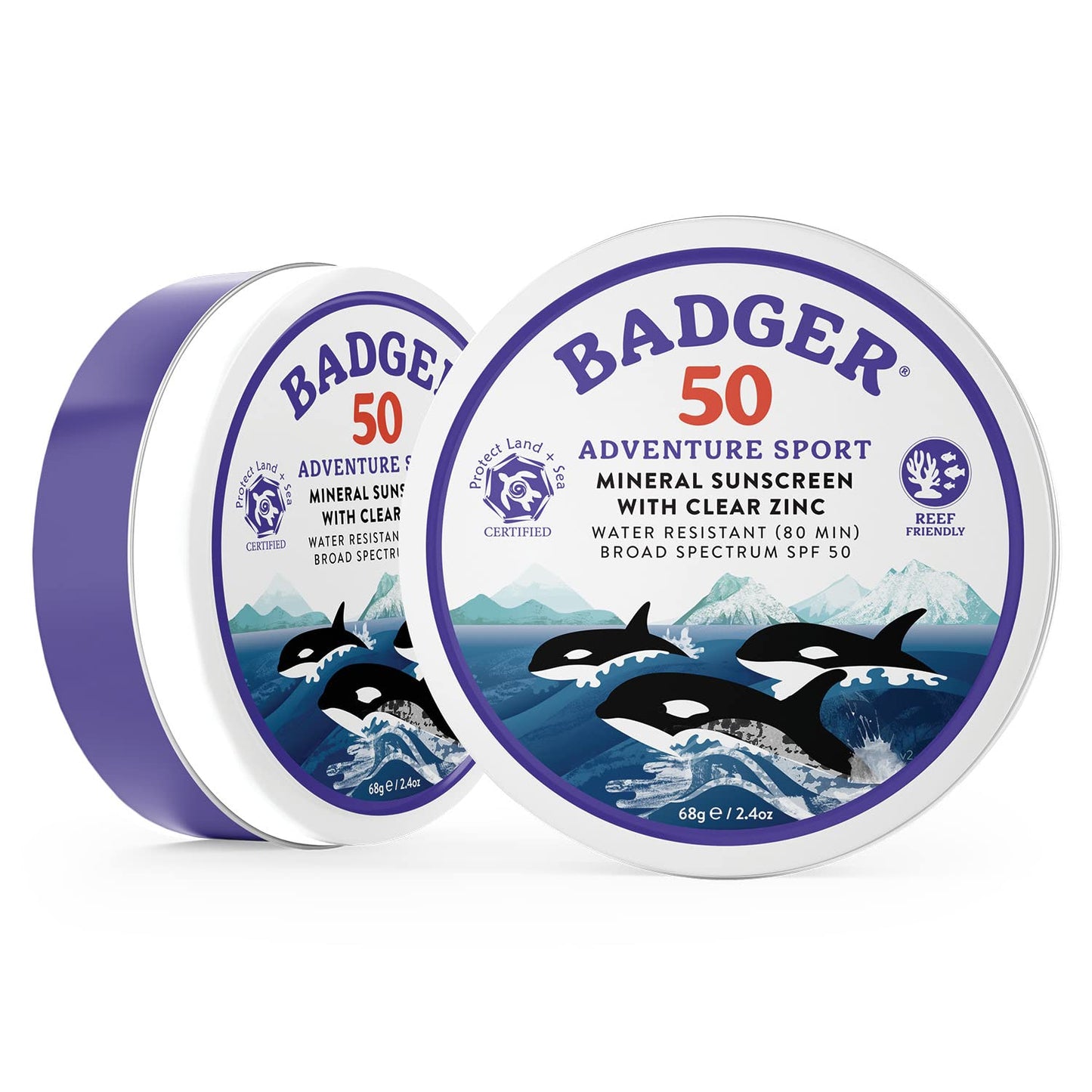 Badger Reef Safe Sunscreen SPF 50 - Mineral, Unscented, 2.4 oz Travel Tin