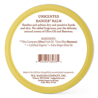 Badger Balm Unscented Hand Cream — 2 oz Tin, 2-Pack | 100% Organic Olive Oil & Beeswax