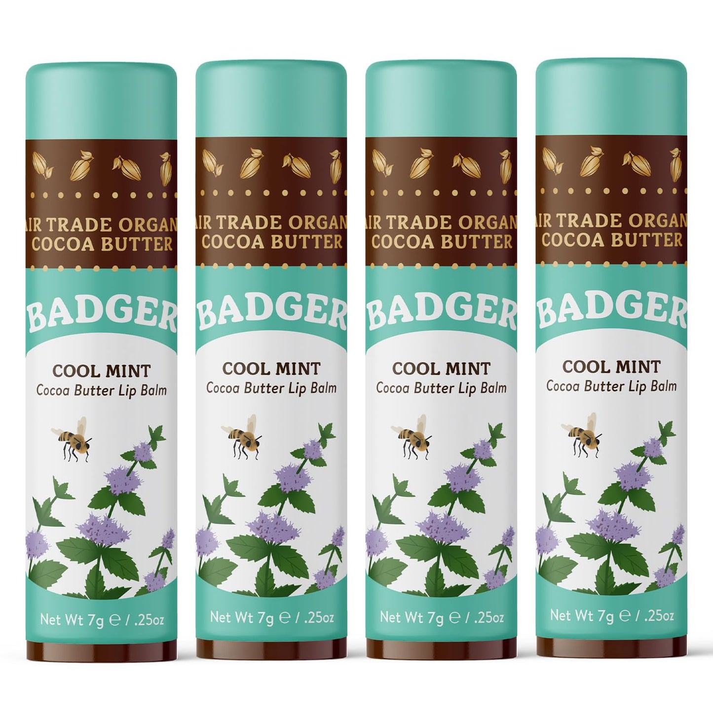 Badger Cool Mint Cocoa Butter Lip Balm – Organic, Long-Lasting Hydration, 4-Pack