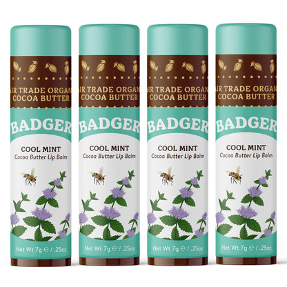 Badger Cool Mint Cocoa Butter Lip Balm – Organic, Long-Lasting Hydration, 4-Pack