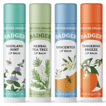 Badger Classic Organic Lip Balm Set - 4-Pack in Green Box (Unscented, Tea Tree, Mint & Tangerine)