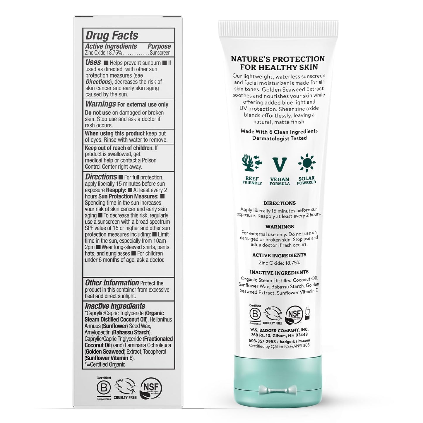 Badger Zinc Oxide Face Sunscreen SPF 30 – Lightweight, Matte, Unscented, Reef-Safe