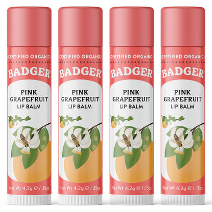 Badger Pink Grapefruit Lip Balm – 100% Organic, Long-Lasting Moisture, 4 Pack