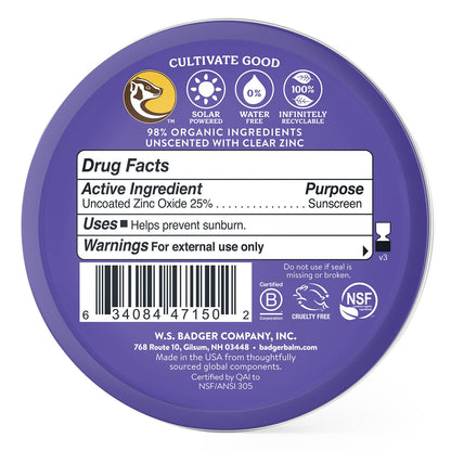 Badger Reef Safe Sunscreen SPF 50 - Mineral, Unscented, 2.4 oz Travel Tin