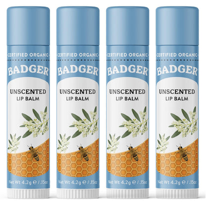Badger Unscented Classic Lip Balm – 100% Organic, Sensitive Lips, Long Lasting Moisturizer (4 Pack)