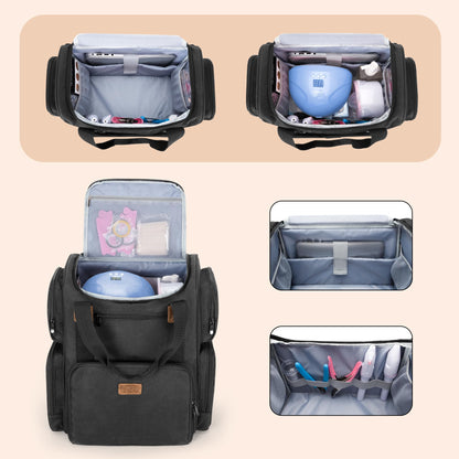 BAFASO Nail Polish Organizer Backpack – 70-Bottle Bottom Storage, Nail Lamp Slot, 2 Removable Pouches, Laptop Sleeve (Patented Design) – Black