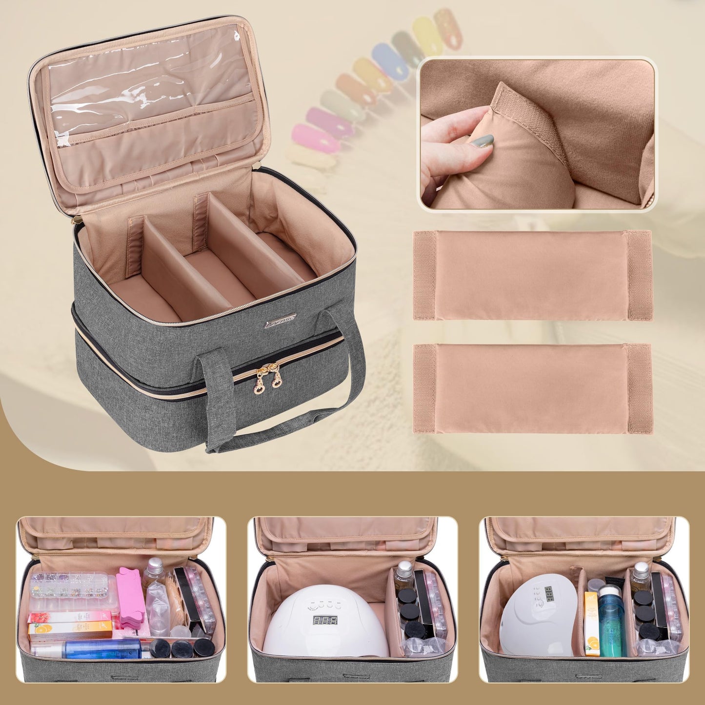 BAFASO Nail Polish Storage Case — Holds 40 Bottles (15ml) + Nail Lamp | Gray
