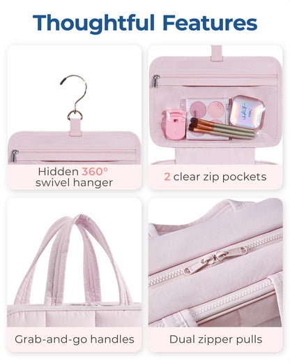 BAGSMART Travel Toiletry Bag with Jewelry Organizer – Puffy Hanging Cosmetic Bag, Carry-On Essentials, Pink-L