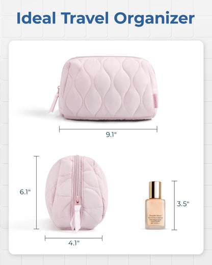 BAGSMART Makeup Bag — Puffy Padded Travel Cosmetic Organizer with Wide-Open Pink Pouch