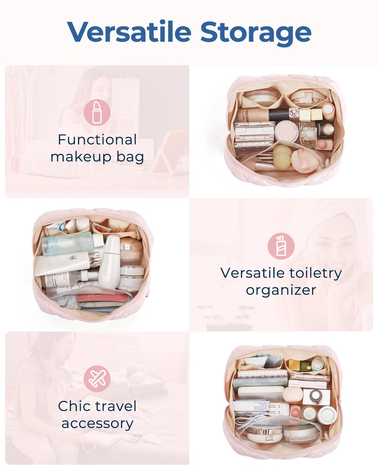 BAGSMART Makeup Bag — Puffy Padded Travel Cosmetic Organizer with Wide-Open Pink Pouch