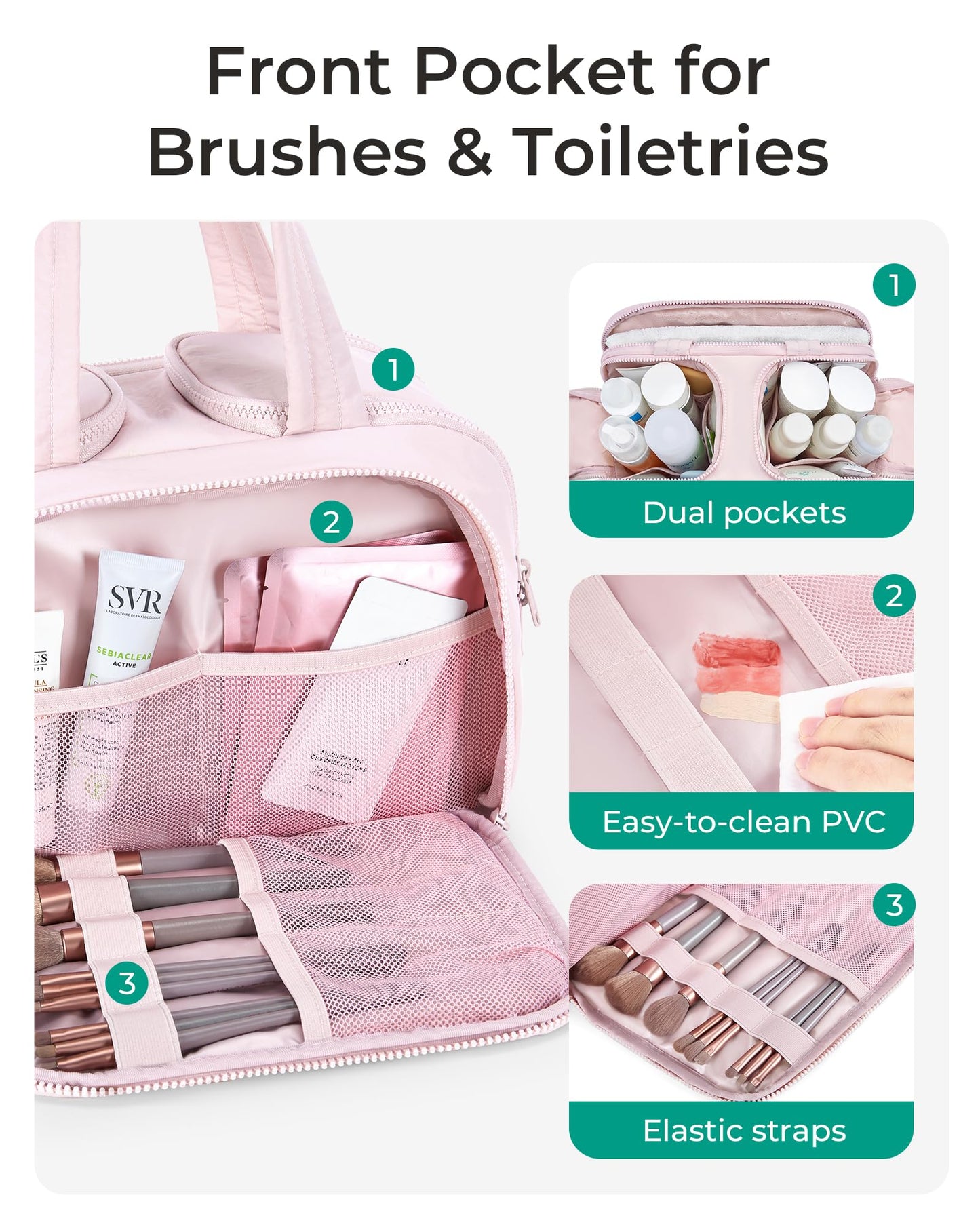 BAGSMART Travel Toiletry Bag for Women - Crush Puffy Pink, Large Capacity Cosmetic Organizer