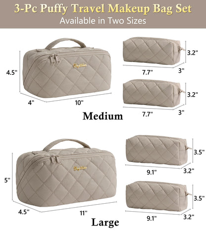 Bagstellar Travel Makeup Bag 3-Piece Set | Large Capacity Puffy Toiletry Organizer M-Oatmeal