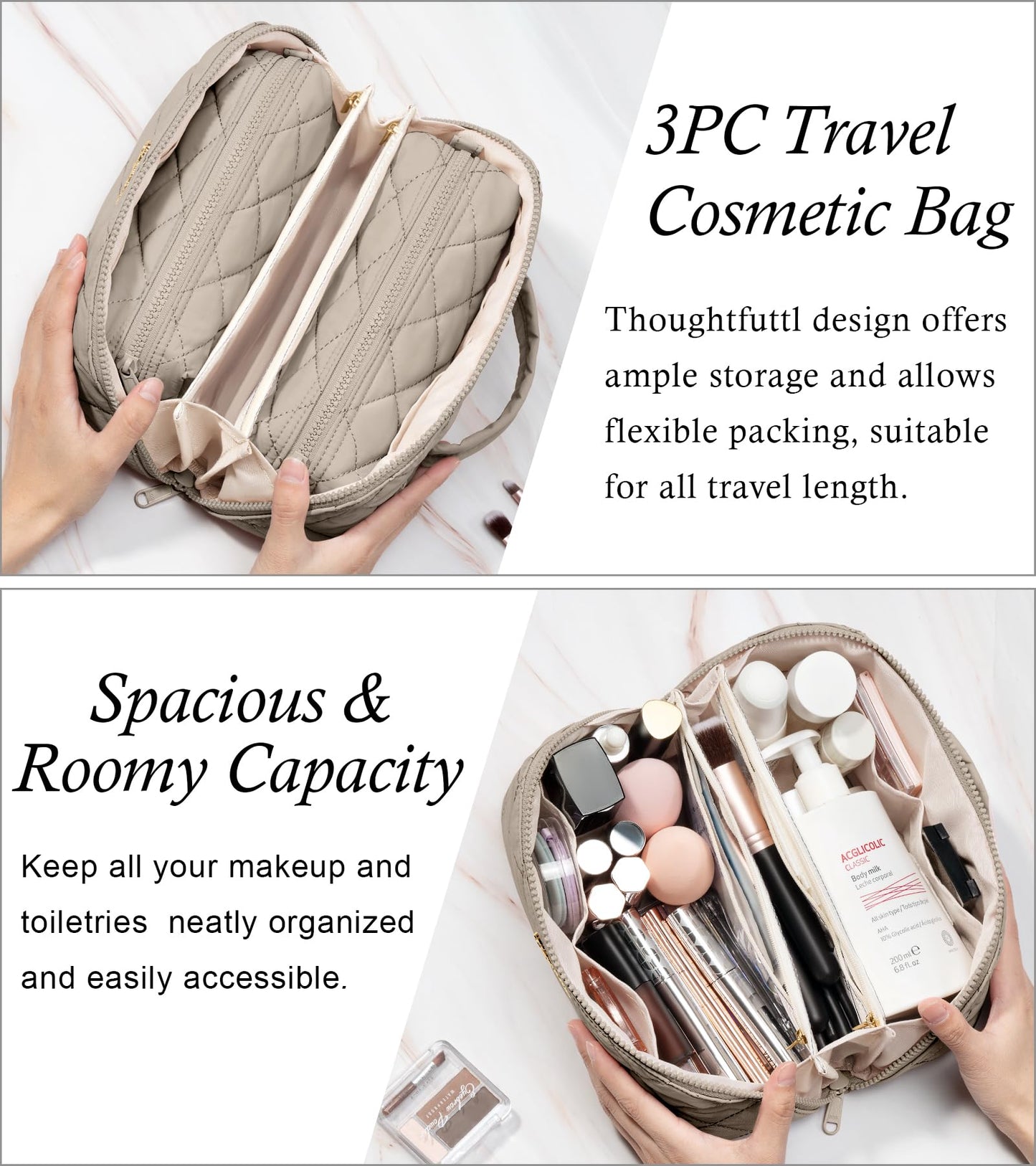 Bagstellar Travel Makeup Bag 3-Piece Set | Large Capacity Puffy Toiletry Organizer M-Oatmeal