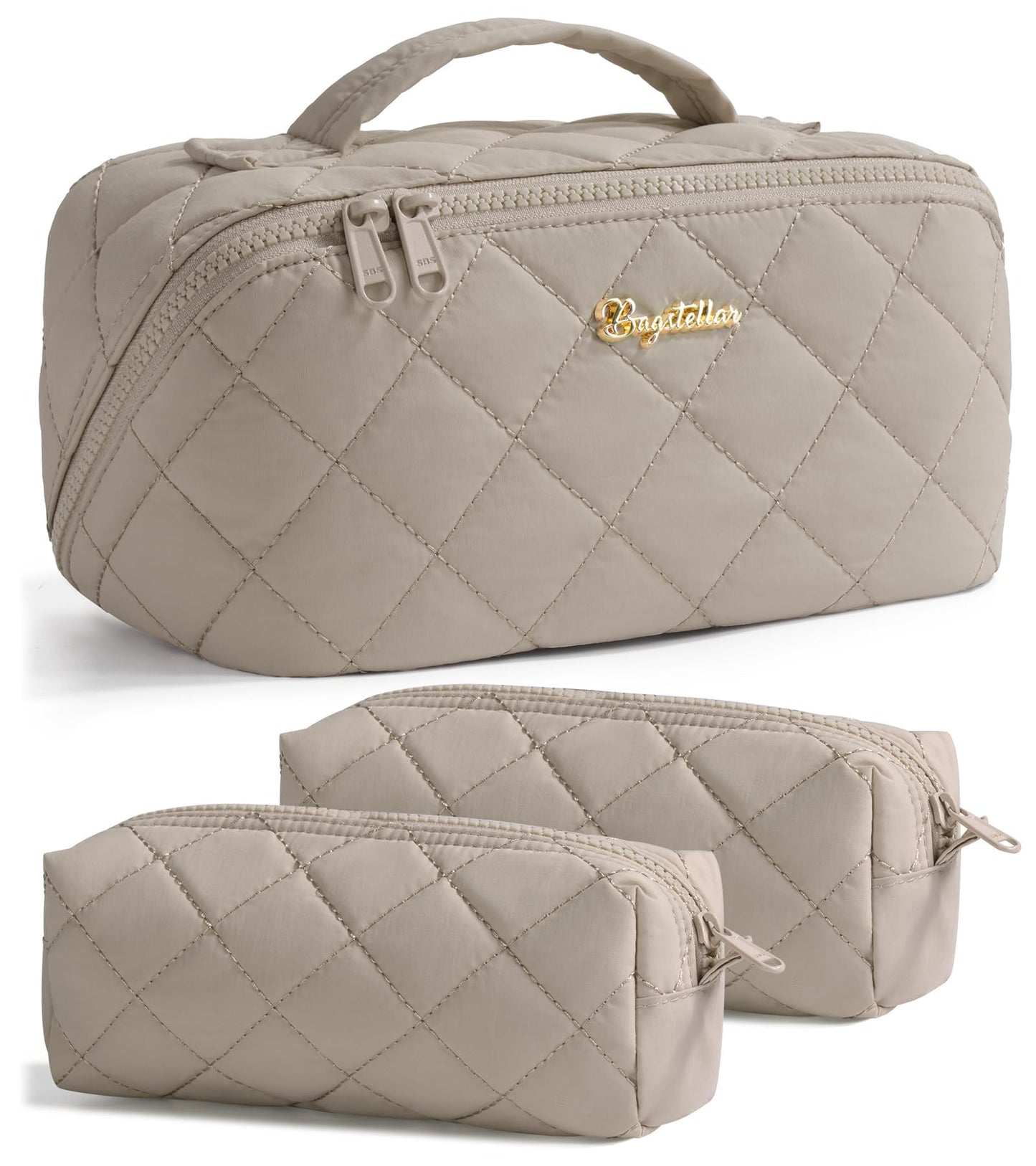 Bagstellar Travel Makeup Bag 3-Piece Set | Large Capacity Puffy Toiletry Organizer M-Oatmeal