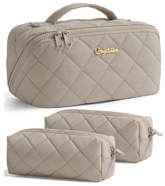 Bagstellar Travel Makeup Bag 3-Piece Set | Large Capacity Puffy Toiletry Organizer M-Oatmeal