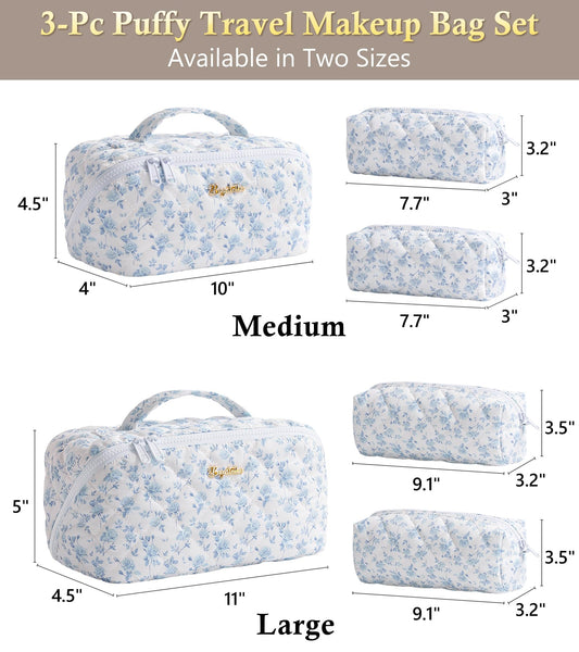 Bagstellar Travel Makeup Bag Set — 3 Pcs Large Capacity, Open Flat, Water-Resistant, Blue Floral