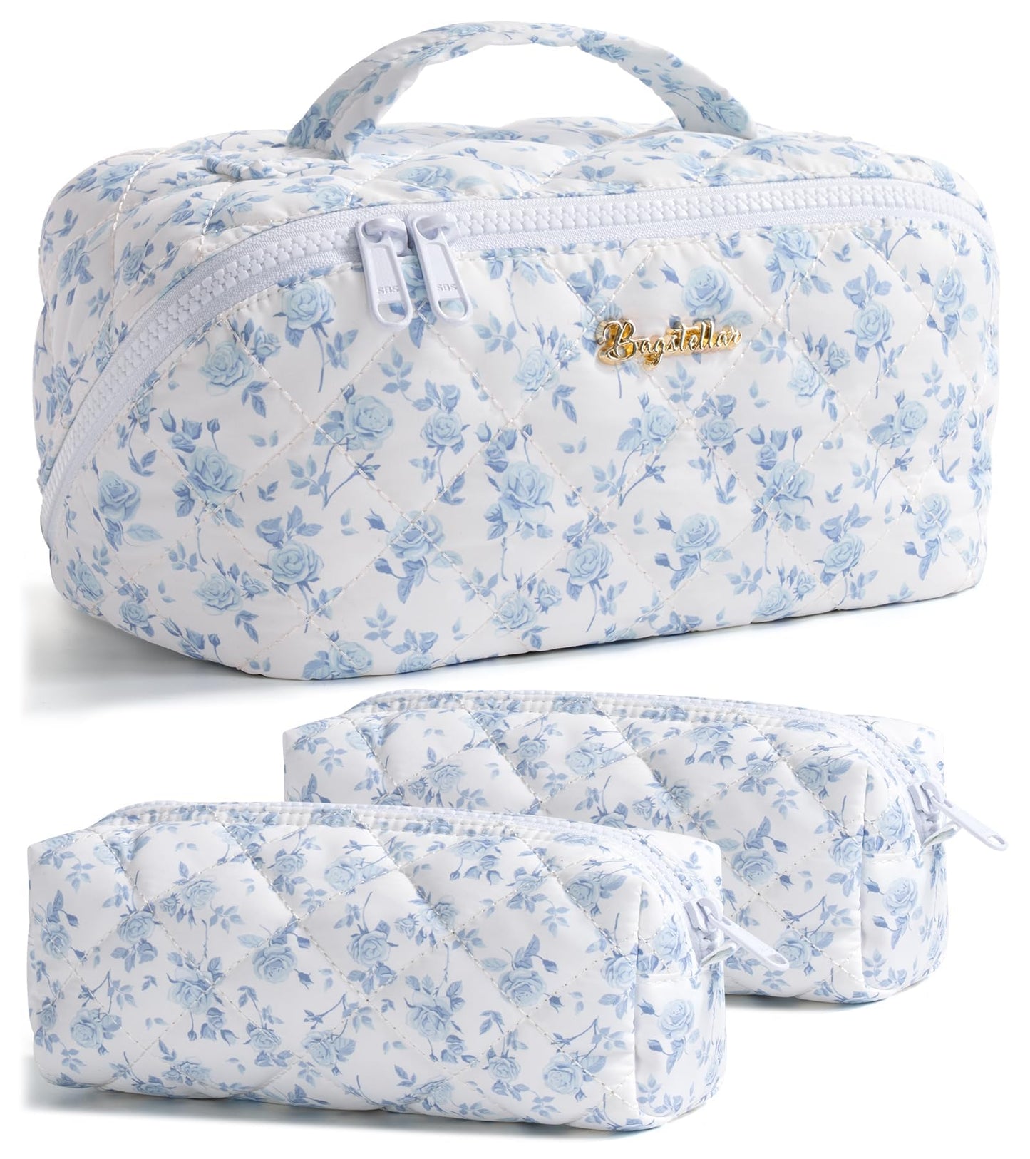 Bagstellar Travel Makeup Bag Set — 3 Pcs Large Capacity, Open Flat, Water-Resistant, Blue Floral