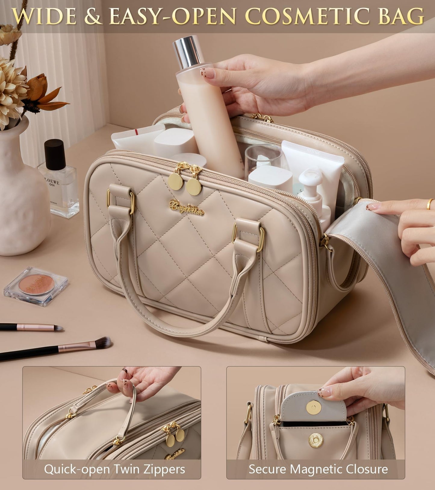 Bagstellar Travel Makeup Bag – Large Quilted Organizer in Camel