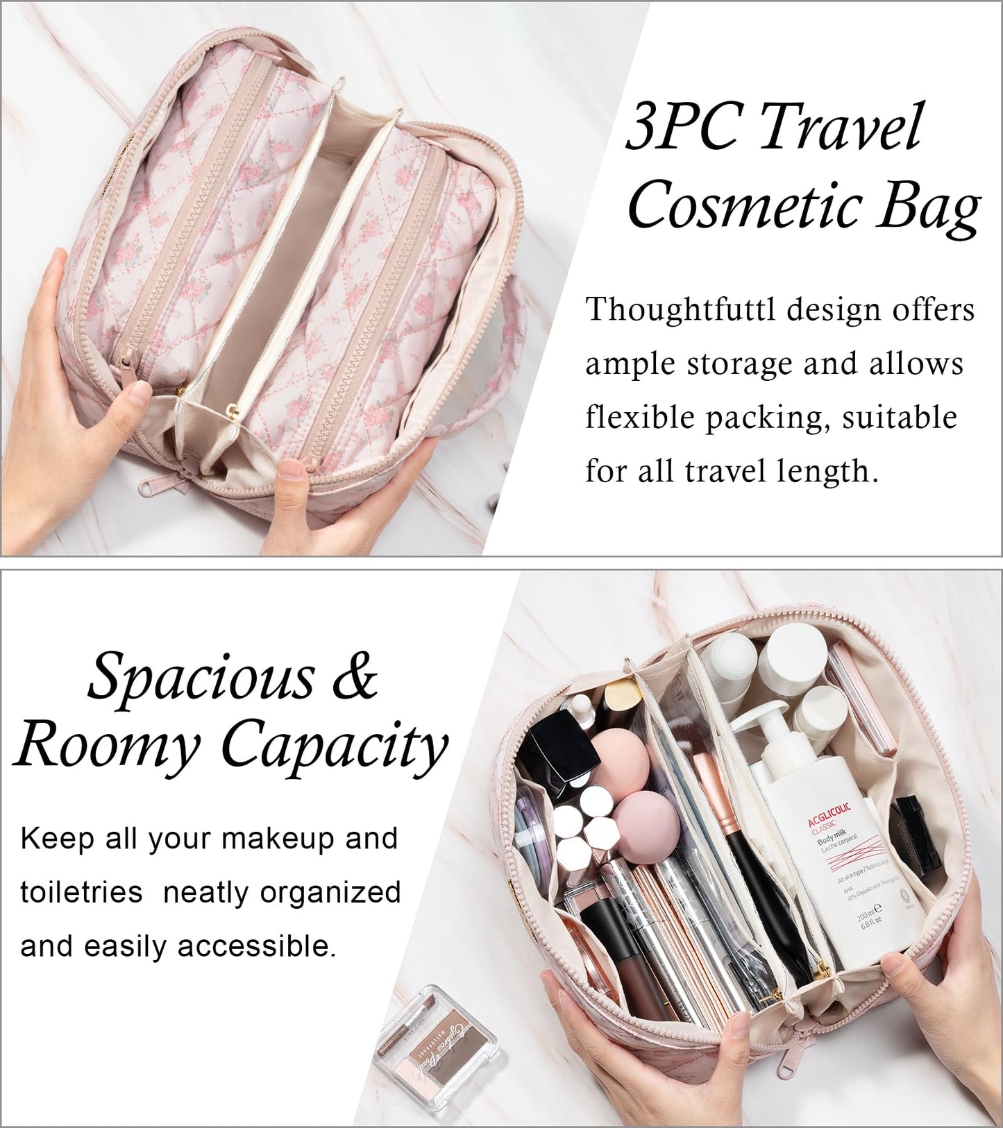 Bagstellar Travel Makeup Bag Set — 3 Pcs Large Capacity, Open Flat, Water-Resistant, Blue Floral