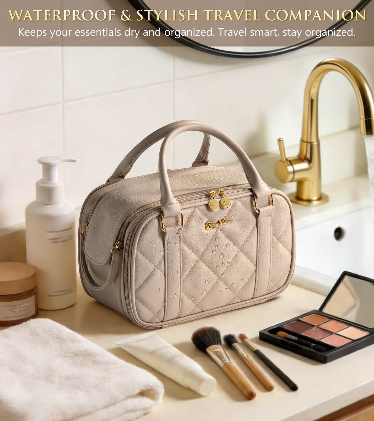 Bagstellar Travel Makeup Bag – Large Quilted Organizer in Camel