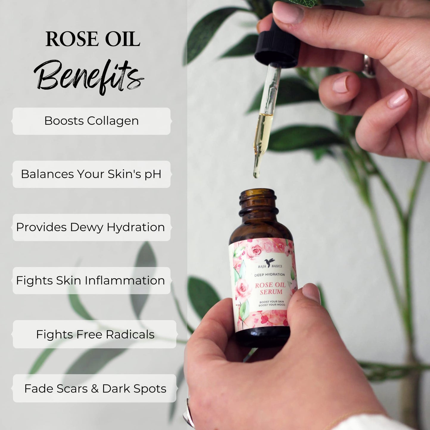 Baja Basics Rose Oil for Face, Hair & Nails – Rose Essential Oil Serum, 1 oz