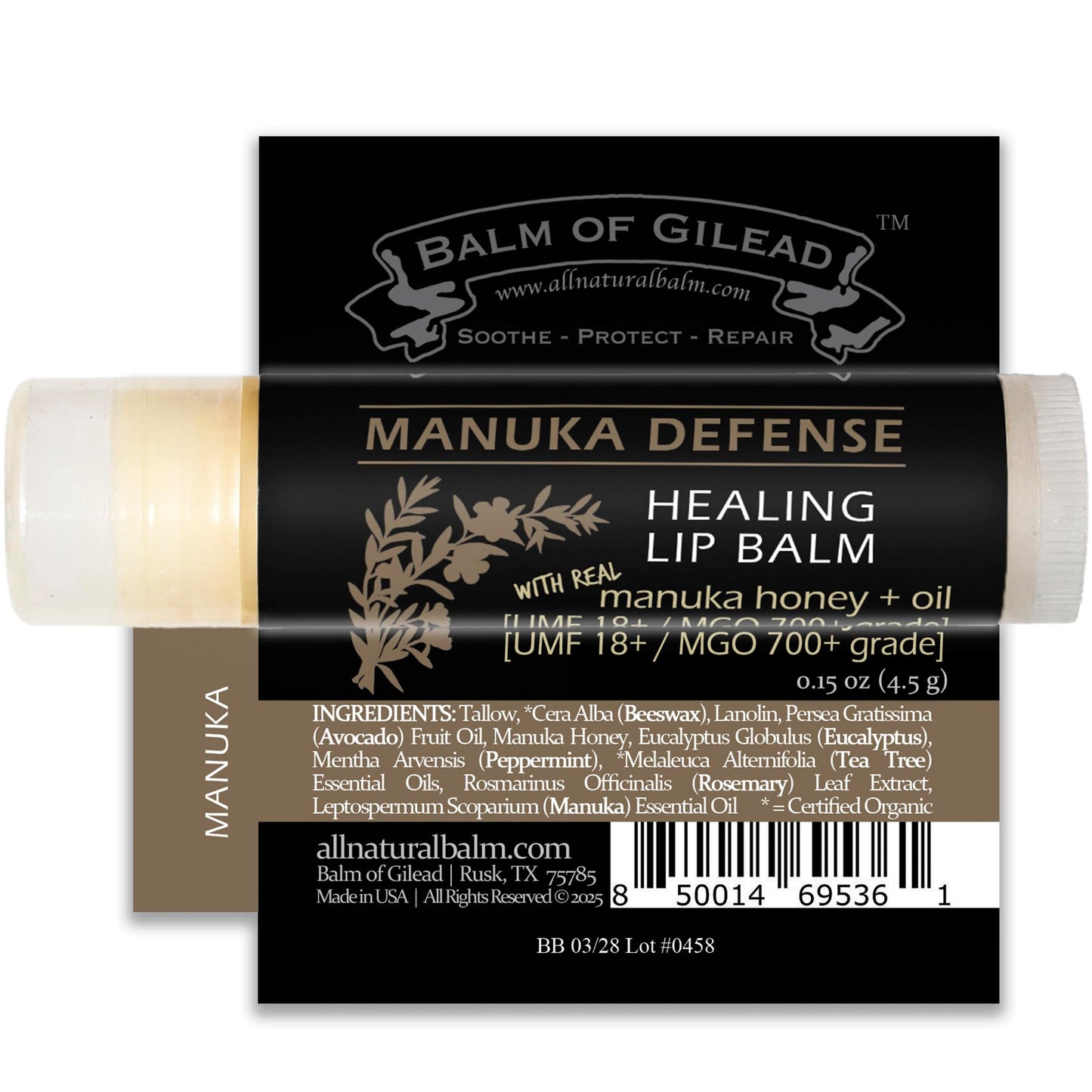 BALM OF GILEAD Manuka Defense Lip Balm – Intensive Moisture Therapy, 0.15 oz x4
