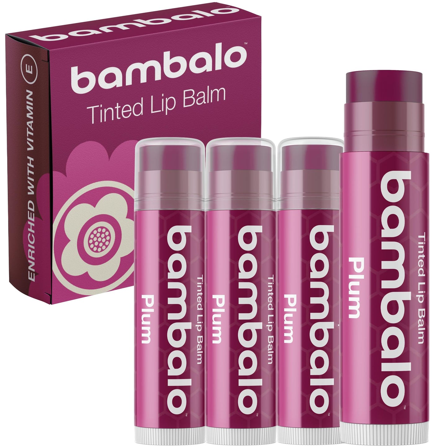Bambalo Plum Tinted Lip Balm 4-Pack – Hydrating Sheer Berry Tint – Made in USA