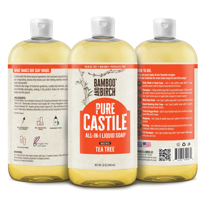 Bamboo and Birch Pure Castile Soap Liquid Tea Tree – Palm Oil Free, 32 oz