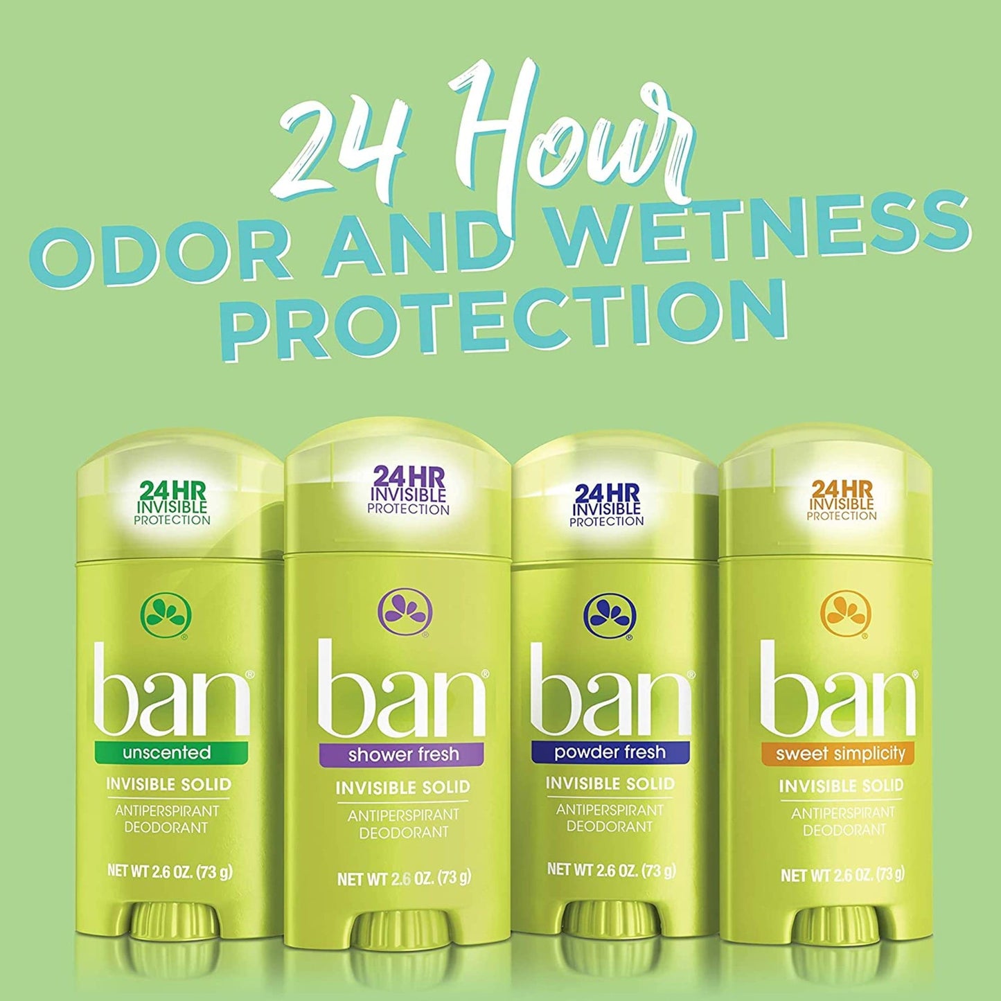 Ban Invisible Solid Antiperspirant Deodorant – 24-Hour Odor & Sweat Protection, Unscented, 2.6 Oz (Pack of 4)