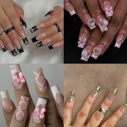 BANA ART Kawaii Color Bow Nail Charms Kit – 3D Gold & Silver Bows for Nails