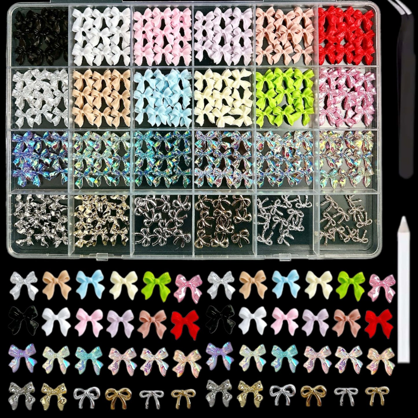 BANA ART Kawaii Color Bow Nail Charms Kit – 3D Gold & Silver Bows for Nails