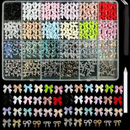 BANA ART Kawaii Color Bow Nail Charms Kit – 3D Gold & Silver Bows for Nails