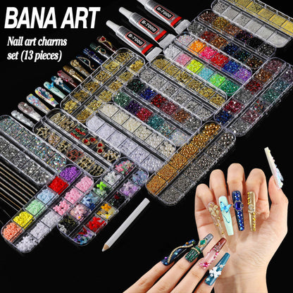 BANA ART Nail Charms Kit — 18,000+ 3D Gems in 13 Boxes with Cross, Crown, Pearls