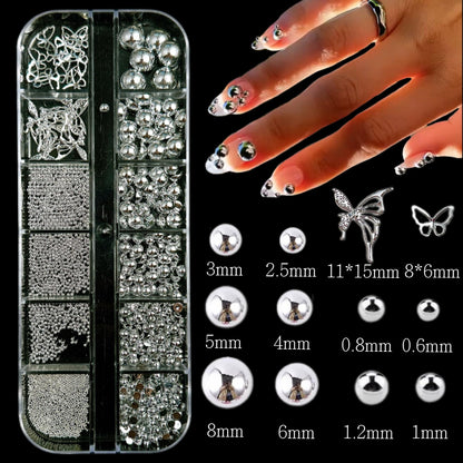 BANA ART Silver Nail Charms Y2K Kit – 5 Boxes of 3D Charms, Pearls, Rhinestones & Rivets