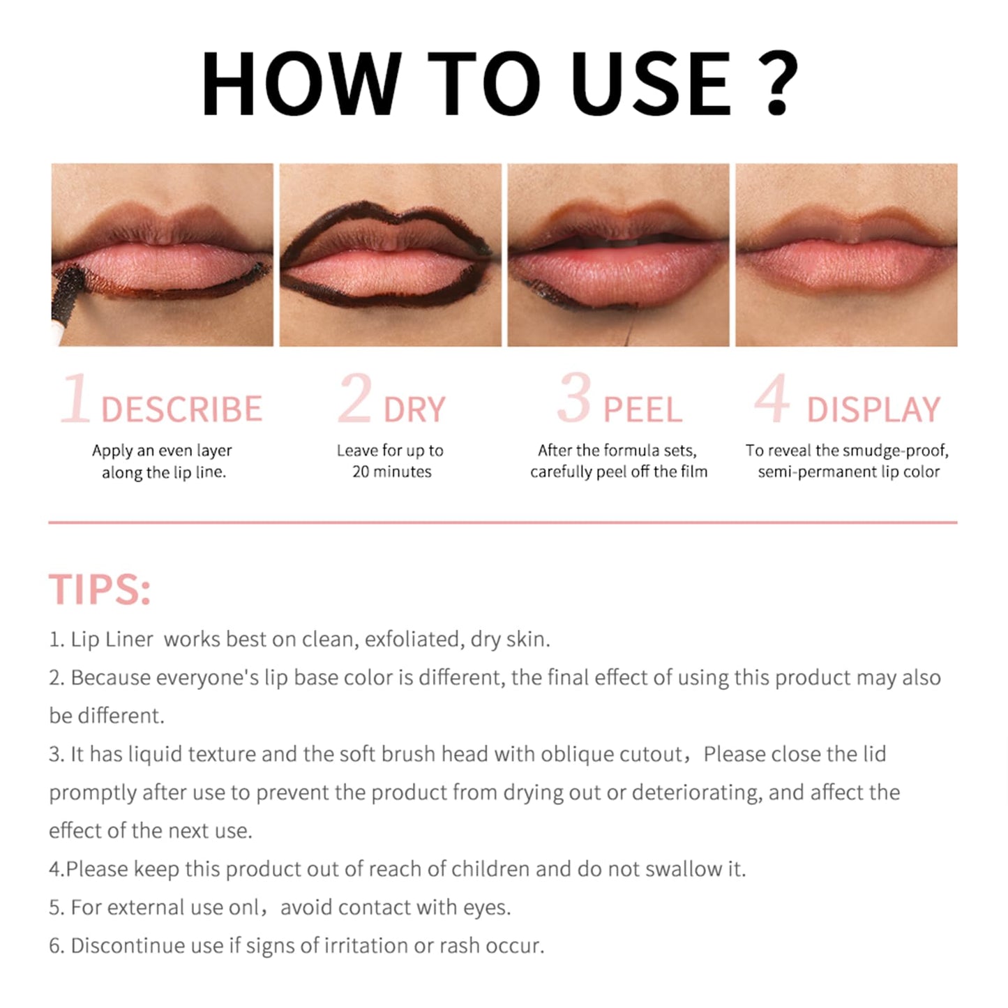BANGFENG 4Pcs Peel Off Lip Liner Stain — Long-Lasting, Waterproof Nude Matte Lip Color