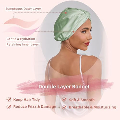Baqzqudnl Adjustable Silk Satin Hair Bonnet – Double Layer Sleep Wrap (Unisex, Green)