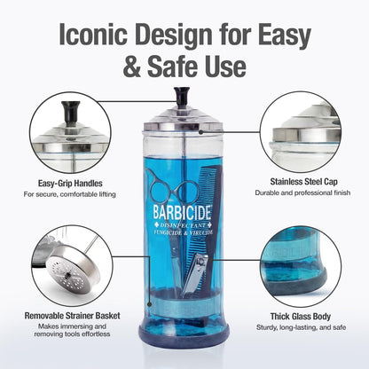 BARBICIDE Disinfecting Jar Large 37 Fl Oz – Glass Tool Sanitizer with Stainless Cap & Basket for Salons